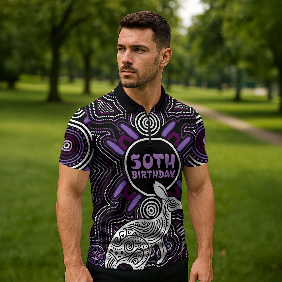 Personalised Aboriginal 50th Birthday Zipper Polo Shirt Kangaroo Indigenous Dot Art Australian Culture