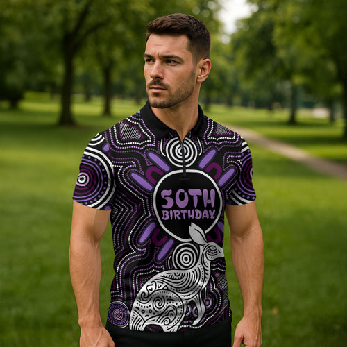 Personalised Aboriginal 50th Birthday Zipper Polo Shirt Kangaroo Indigenous Dot Art Australian Culture