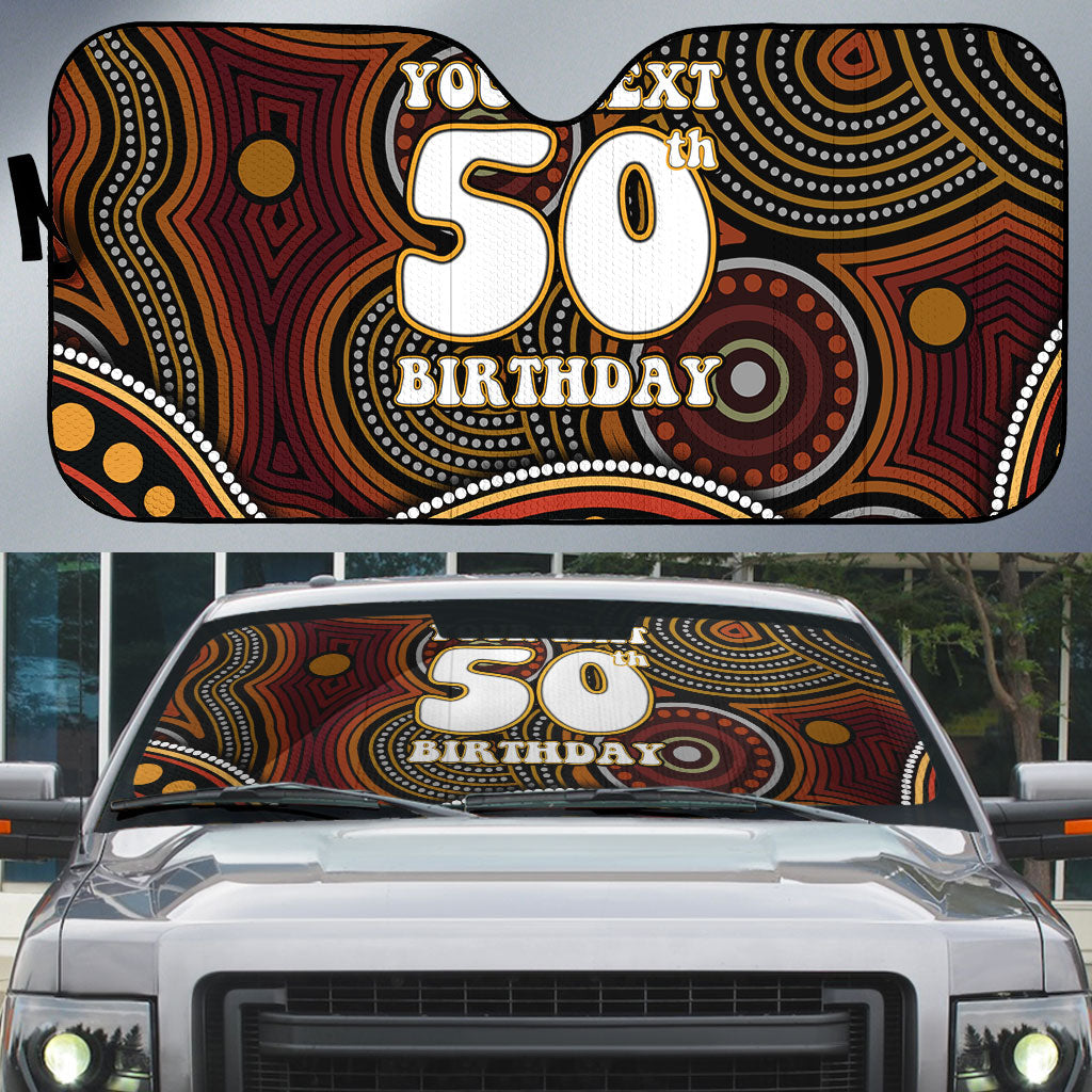 Personalised Aboriginal 50th Birthday Auto Sun Shade Indigenous Dot Painting Native Australian Celebration
