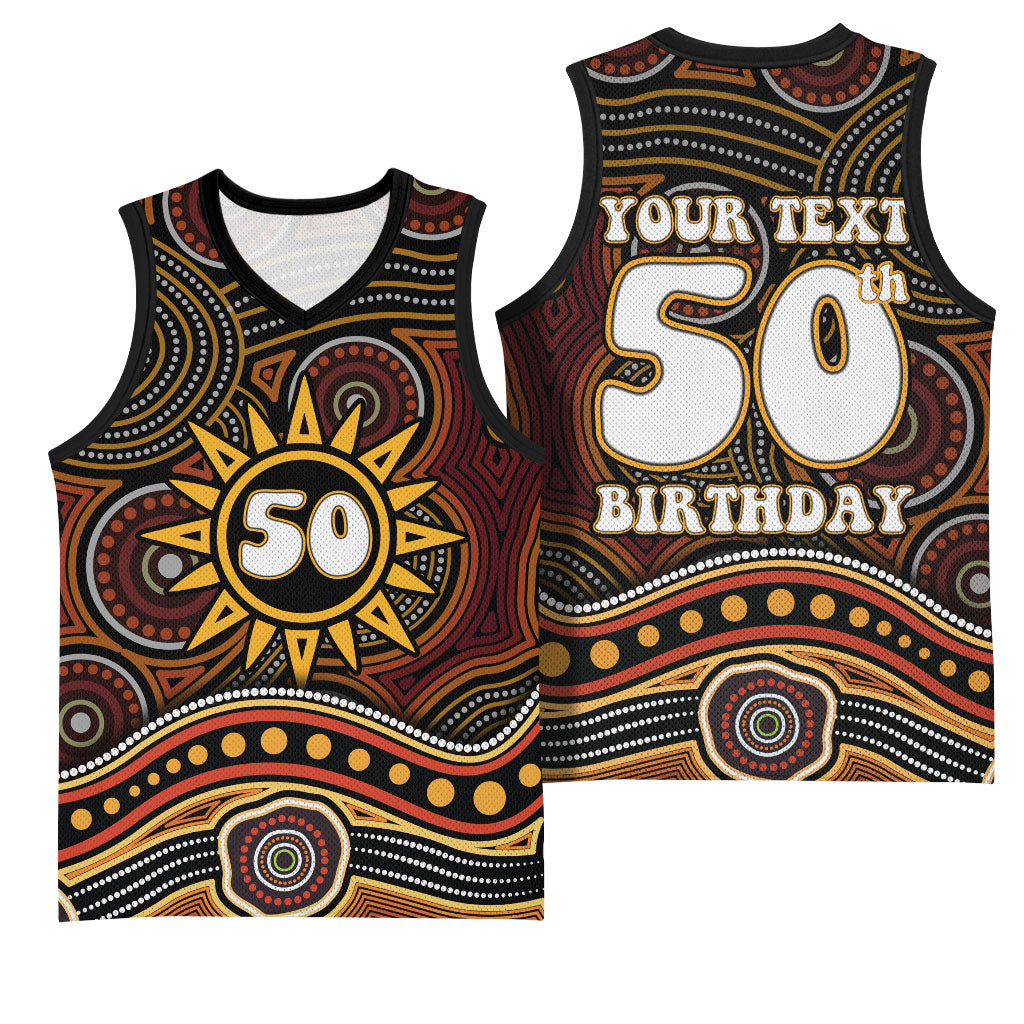 Personalised Aboriginal 50th Birthday Basketball Jersey Indigenous Dot Painting Native Australian Celebration