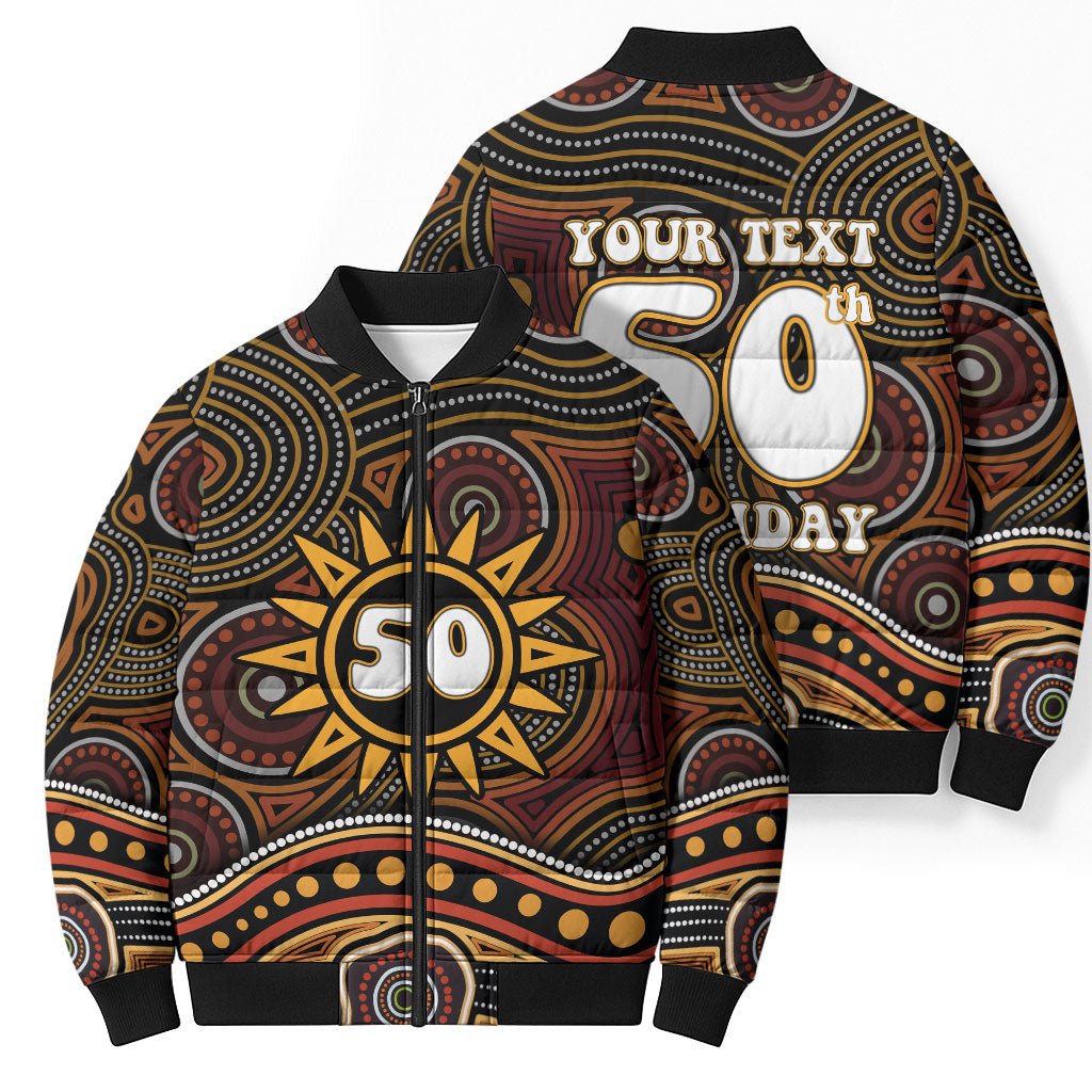 Personalised Aboriginal 50th Birthday Bomber Puffer Jacket Indigenous Dot Painting Native Australian Celebration