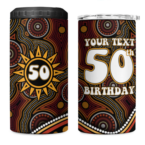 Personalised Aboriginal 50th Birthday 4 in 1 Can Cooler Tumbler Indigenous Dot Painting Native Australian Celebration