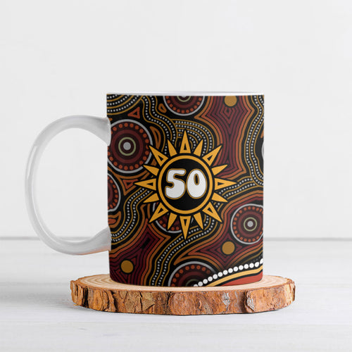 Personalised Aboriginal 50th Birthday Ceramic Mug Indigenous Dot Painting Native Australian Celebration