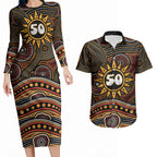 Personalised Aboriginal 50th Birthday Couples Matching Long Sleeve Bodycon Dress and Hawaiian Shirt Indigenous Dot Painting Native Australian Celebration