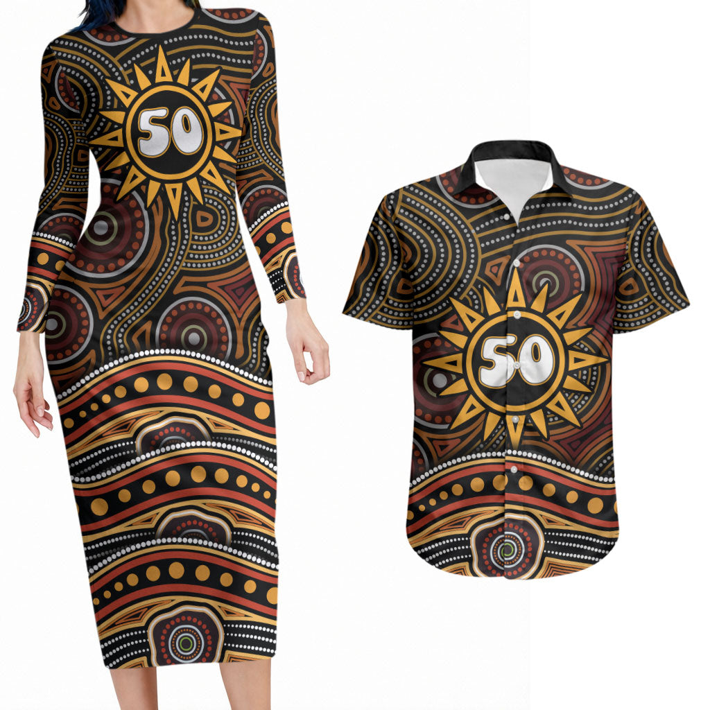Personalised Aboriginal 50th Birthday Couples Matching Long Sleeve Bodycon Dress and Hawaiian Shirt Indigenous Dot Painting Native Australian Celebration