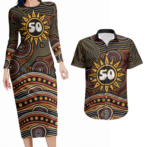 Personalised Aboriginal 50th Birthday Couples Matching Long Sleeve Bodycon Dress and Hawaiian Shirt Indigenous Dot Painting Native Australian Celebration