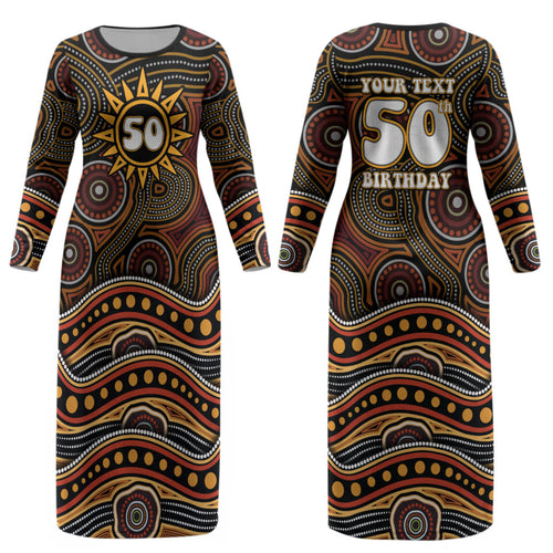 Personalised Aboriginal 50th Birthday Couples Matching Long Sleeve Bodycon Dress and Hawaiian Shirt Indigenous Dot Painting Native Australian Celebration