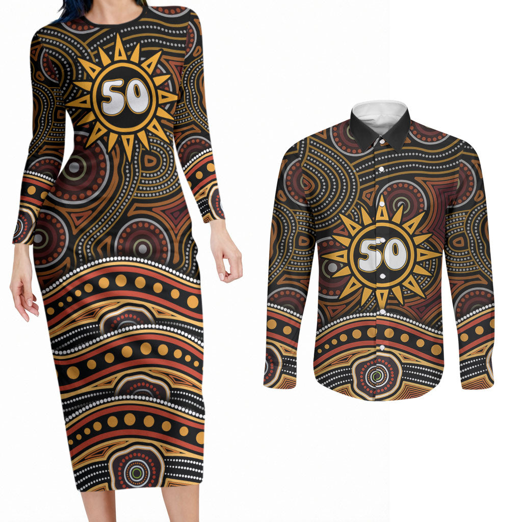 Personalised Aboriginal 50th Birthday Couples Matching Long Sleeve Bodycon Dress and Long Sleeve Button Shirt Indigenous Dot Painting Native Australian Celebration