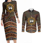 Personalised Aboriginal 50th Birthday Couples Matching Long Sleeve Bodycon Dress and Long Sleeve Button Shirt Indigenous Dot Painting Native Australian Celebration