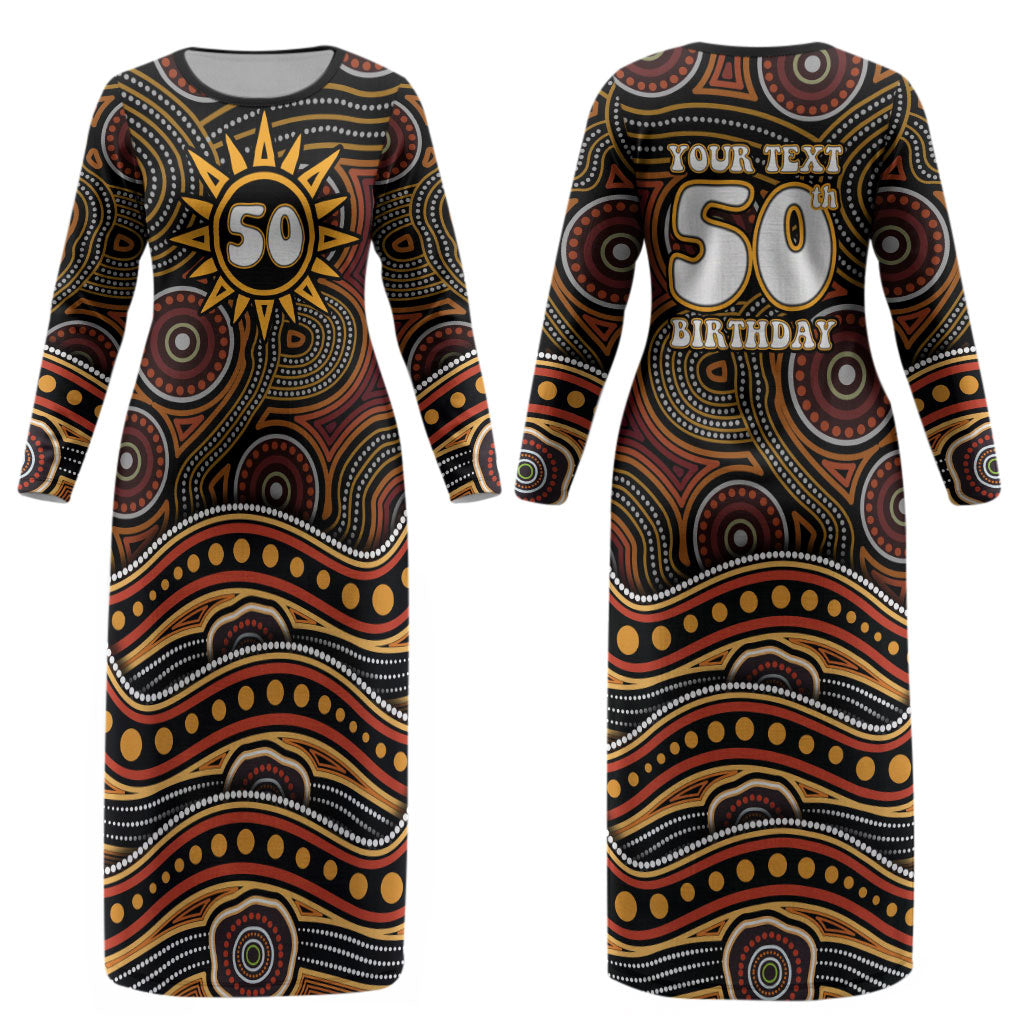 Personalised Aboriginal 50th Birthday Couples Matching Long Sleeve Bodycon Dress and Long Sleeve Button Shirt Indigenous Dot Painting Native Australian Celebration