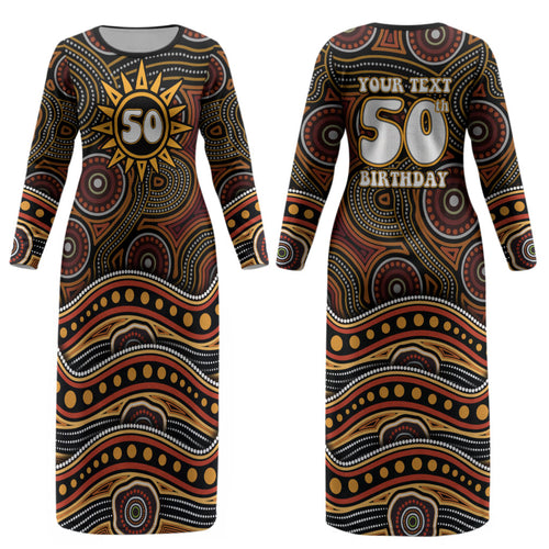 Personalised Aboriginal 50th Birthday Couples Matching Long Sleeve Bodycon Dress and Long Sleeve Button Shirt Indigenous Dot Painting Native Australian Celebration