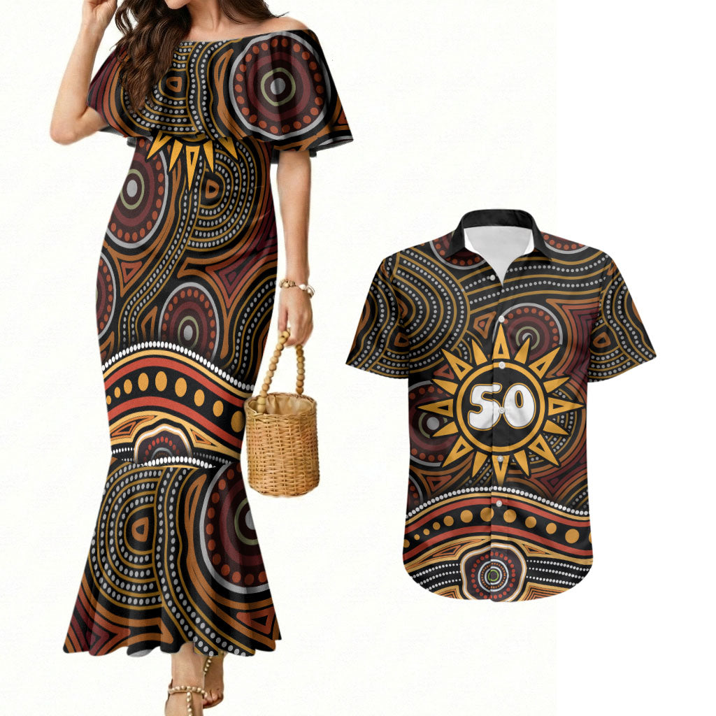 Personalised Aboriginal 50th Birthday Couples Matching Mermaid Dress and Hawaiian Shirt Indigenous Dot Painting Native Australian Celebration
