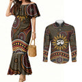Personalised Aboriginal 50th Birthday Couples Matching Mermaid Dress and Long Sleeve Button Shirt Indigenous Dot Painting Native Australian Celebration