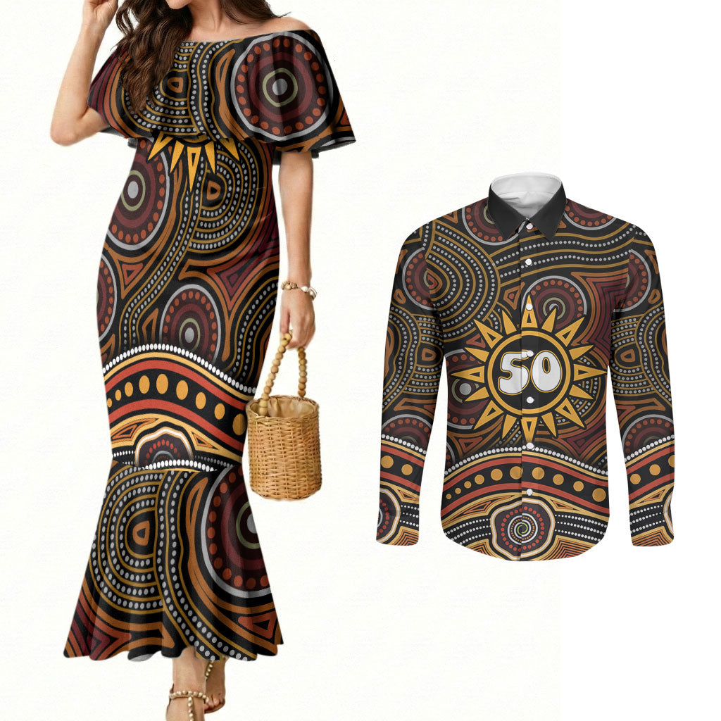 Personalised Aboriginal 50th Birthday Couples Matching Mermaid Dress and Long Sleeve Button Shirt Indigenous Dot Painting Native Australian Celebration