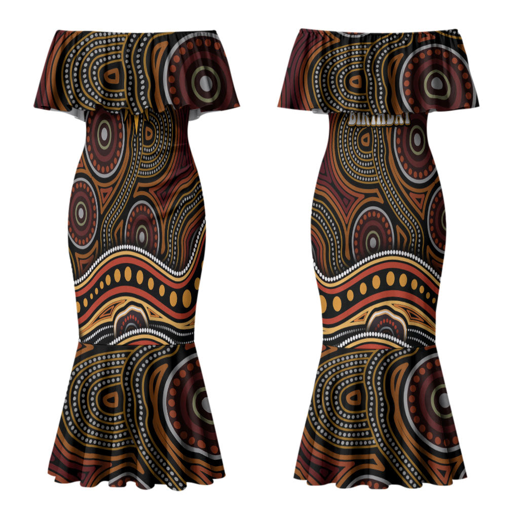 Personalised Aboriginal 50th Birthday Couples Matching Mermaid Dress and Long Sleeve Button Shirt Indigenous Dot Painting Native Australian Celebration