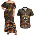 Personalised Aboriginal 50th Birthday Couples Matching Off Shoulder Maxi Dress and Hawaiian Shirt Indigenous Dot Painting Native Australian Celebration