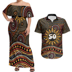 Personalised Aboriginal 50th Birthday Couples Matching Off Shoulder Maxi Dress and Hawaiian Shirt Indigenous Dot Painting Native Australian Celebration