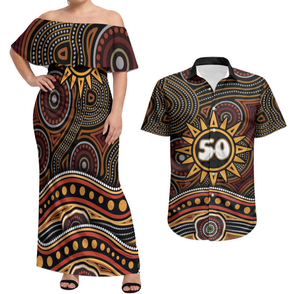 Personalised Aboriginal 50th Birthday Couples Matching Off Shoulder Maxi Dress and Hawaiian Shirt Indigenous Dot Painting Native Australian Celebration