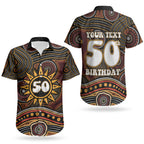 Personalised Aboriginal 50th Birthday Couples Matching Off Shoulder Maxi Dress and Hawaiian Shirt Indigenous Dot Painting Native Australian Celebration