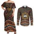Personalised Aboriginal 50th Birthday Couples Matching Off Shoulder Maxi Dress and Long Sleeve Button Shirt Indigenous Dot Painting Native Australian Celebration