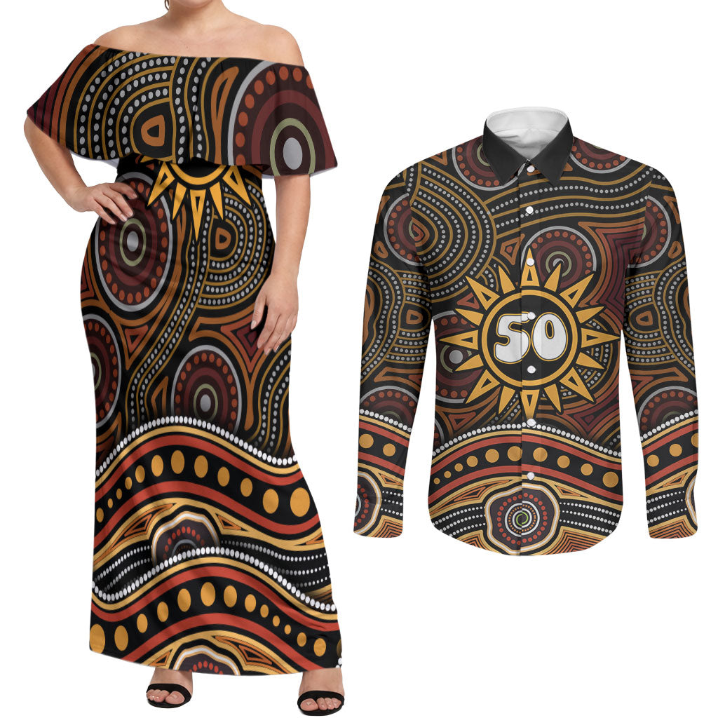 Personalised Aboriginal 50th Birthday Couples Matching Off Shoulder Maxi Dress and Long Sleeve Button Shirt Indigenous Dot Painting Native Australian Celebration