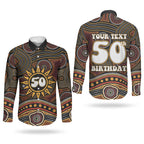 Personalised Aboriginal 50th Birthday Couples Matching Off Shoulder Maxi Dress and Long Sleeve Button Shirt Indigenous Dot Painting Native Australian Celebration