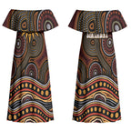 Personalised Aboriginal 50th Birthday Couples Matching Off Shoulder Maxi Dress and Long Sleeve Button Shirt Indigenous Dot Painting Native Australian Celebration