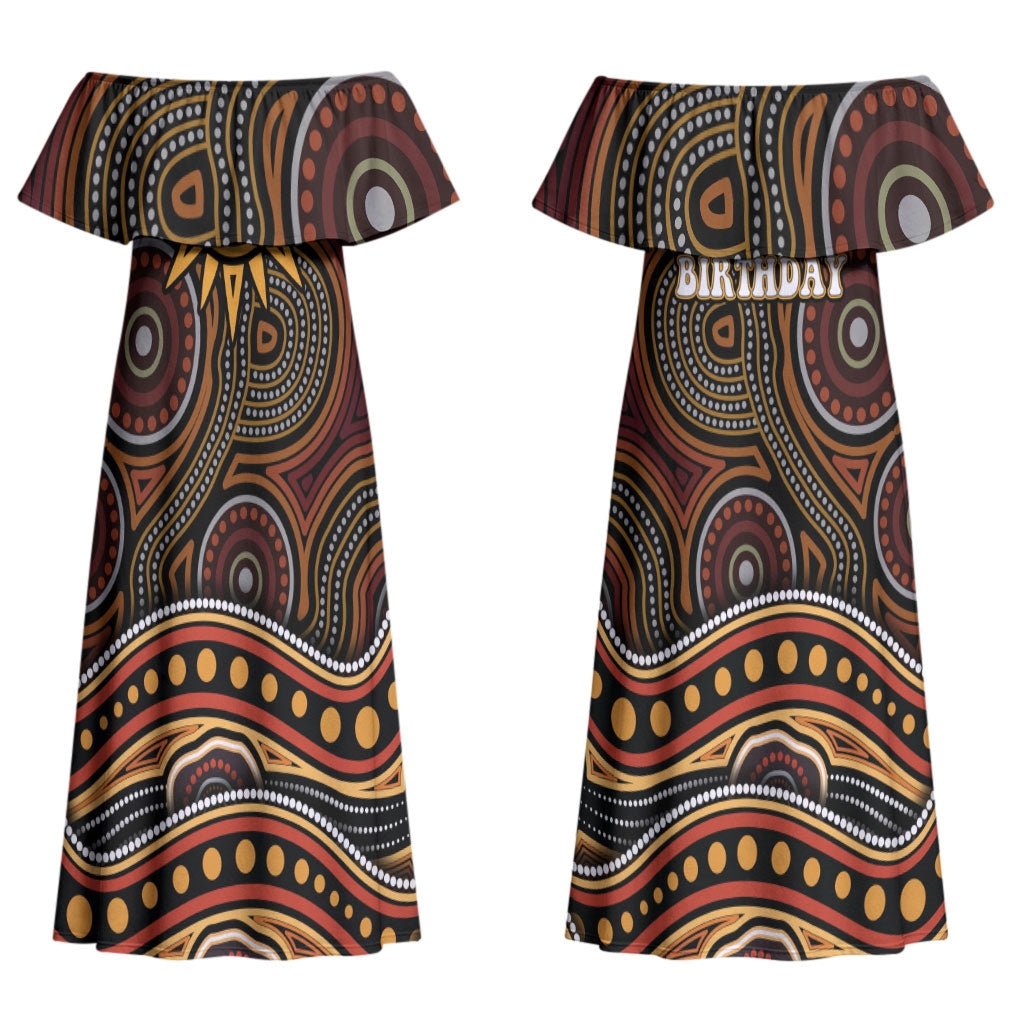 Personalised Aboriginal 50th Birthday Couples Matching Off Shoulder Maxi Dress and Long Sleeve Button Shirt Indigenous Dot Painting Native Australian Celebration