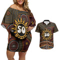 Personalised Aboriginal 50th Birthday Couples Matching Off Shoulder Short Dress and Hawaiian Shirt Indigenous Dot Painting Native Australian Celebration