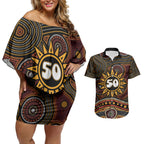 Personalised Aboriginal 50th Birthday Couples Matching Off Shoulder Short Dress and Hawaiian Shirt Indigenous Dot Painting Native Australian Celebration