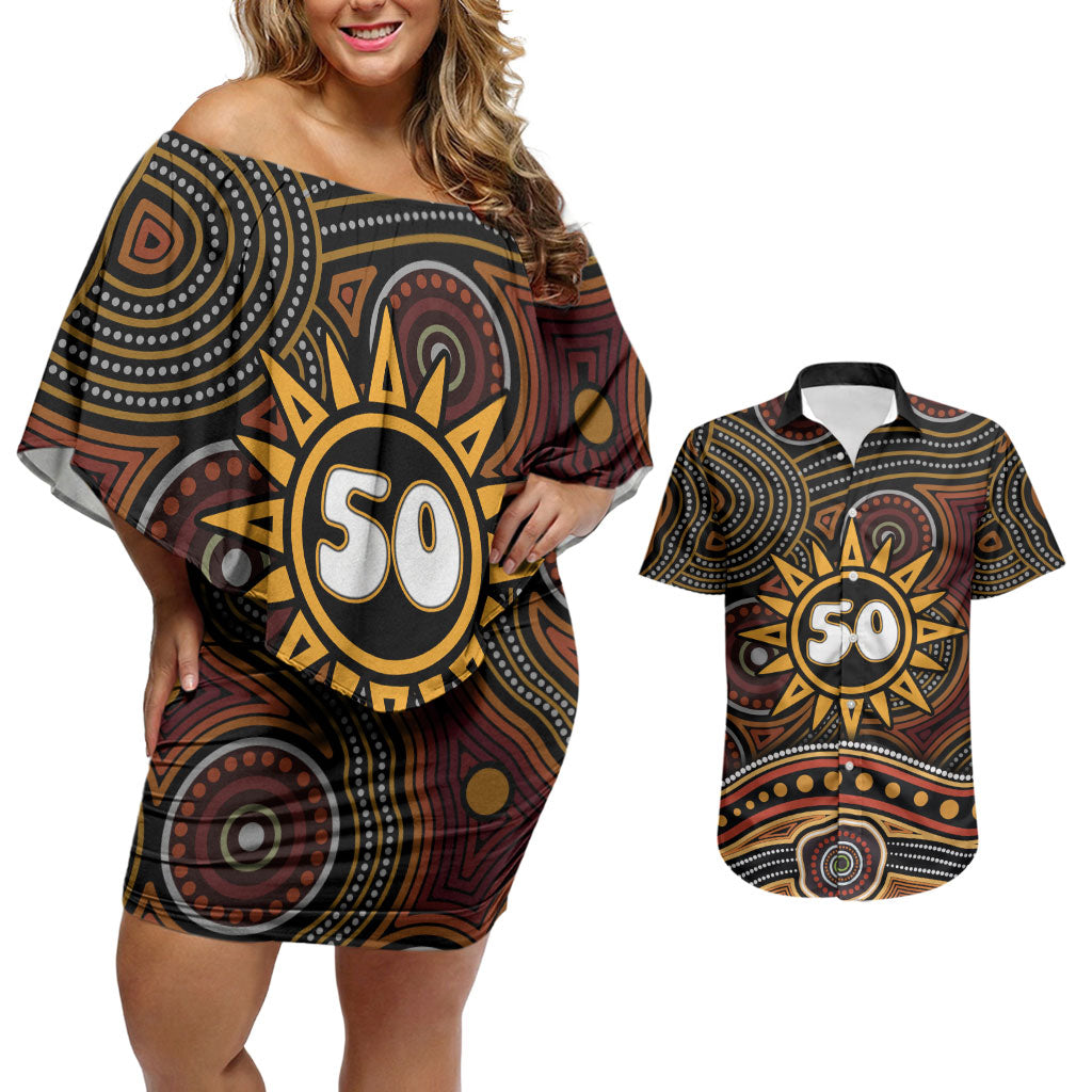 Personalised Aboriginal 50th Birthday Couples Matching Off Shoulder Short Dress and Hawaiian Shirt Indigenous Dot Painting Native Australian Celebration