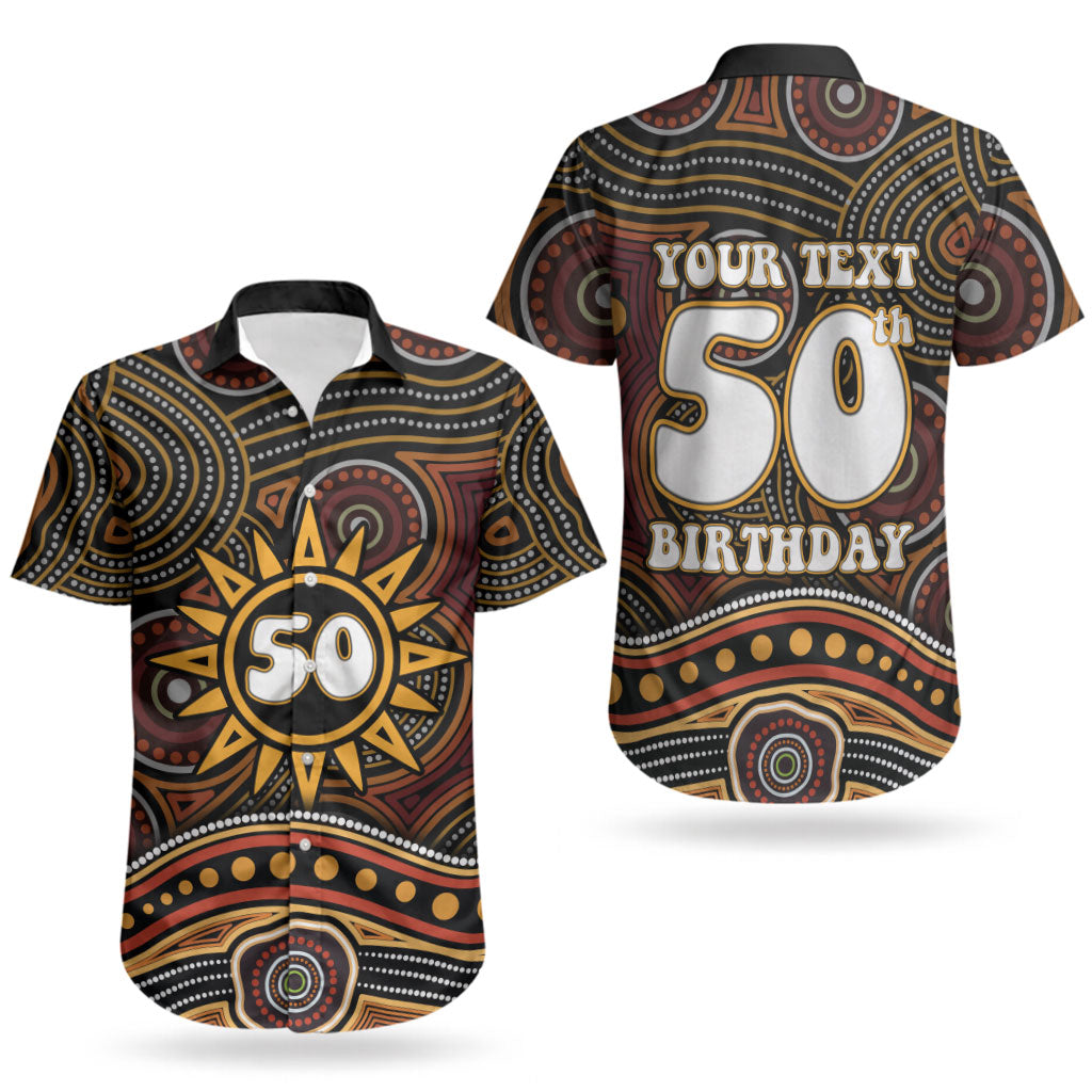 Personalised Aboriginal 50th Birthday Couples Matching Off Shoulder Short Dress and Hawaiian Shirt Indigenous Dot Painting Native Australian Celebration