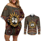 Personalised Aboriginal 50th Birthday Couples Matching Off Shoulder Short Dress and Long Sleeve Button Shirt Indigenous Dot Painting Native Australian Celebration