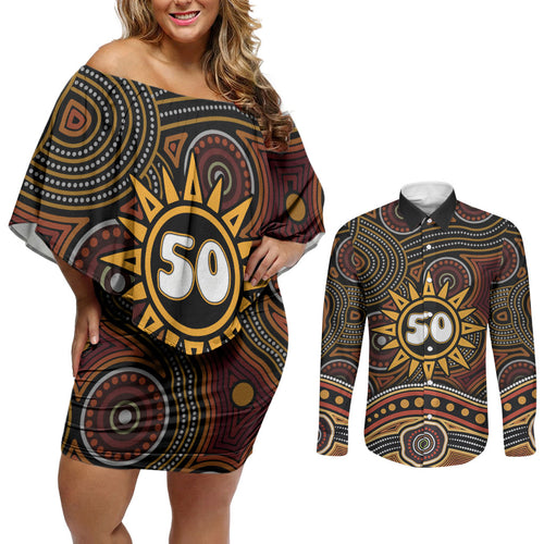Personalised Aboriginal 50th Birthday Couples Matching Off Shoulder Short Dress and Long Sleeve Button Shirt Indigenous Dot Painting Native Australian Celebration