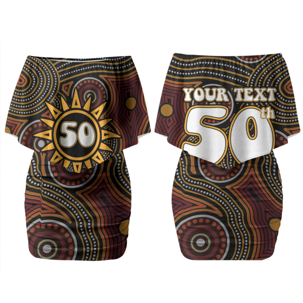Personalised Aboriginal 50th Birthday Couples Matching Off Shoulder Short Dress and Long Sleeve Button Shirt Indigenous Dot Painting Native Australian Celebration