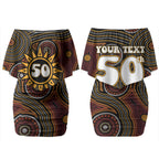 Personalised Aboriginal 50th Birthday Couples Matching Off Shoulder Short Dress and Long Sleeve Button Shirt Indigenous Dot Painting Native Australian Celebration