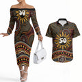 Personalised Aboriginal 50th Birthday Couples Matching Off The Shoulder Long Sleeve Dress and Hawaiian Shirt Indigenous Dot Painting Native Australian Celebration