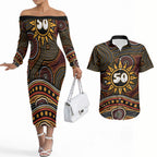 Personalised Aboriginal 50th Birthday Couples Matching Off The Shoulder Long Sleeve Dress and Hawaiian Shirt Indigenous Dot Painting Native Australian Celebration