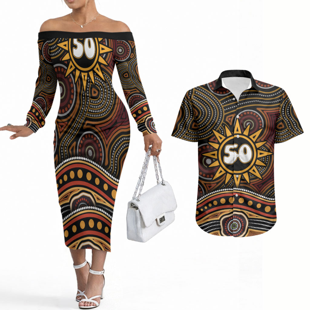 Personalised Aboriginal 50th Birthday Couples Matching Off The Shoulder Long Sleeve Dress and Hawaiian Shirt Indigenous Dot Painting Native Australian Celebration