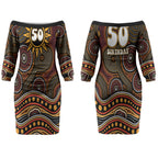 Personalised Aboriginal 50th Birthday Couples Matching Off The Shoulder Long Sleeve Dress and Hawaiian Shirt Indigenous Dot Painting Native Australian Celebration