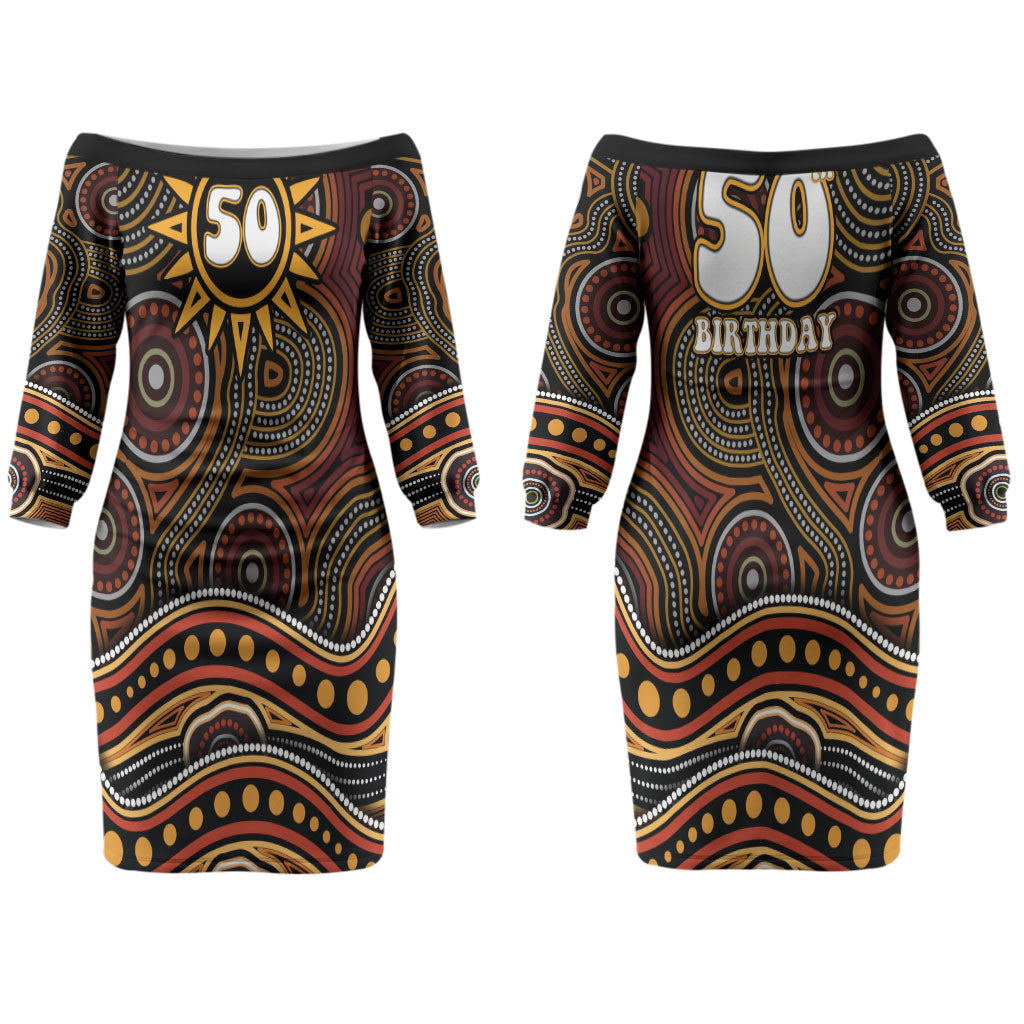 Personalised Aboriginal 50th Birthday Couples Matching Off The Shoulder Long Sleeve Dress and Hawaiian Shirt Indigenous Dot Painting Native Australian Celebration