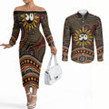 Personalised Aboriginal 50th Birthday Couples Matching Off The Shoulder Long Sleeve Dress and Long Sleeve Button Shirt Indigenous Dot Painting Native Australian Celebration