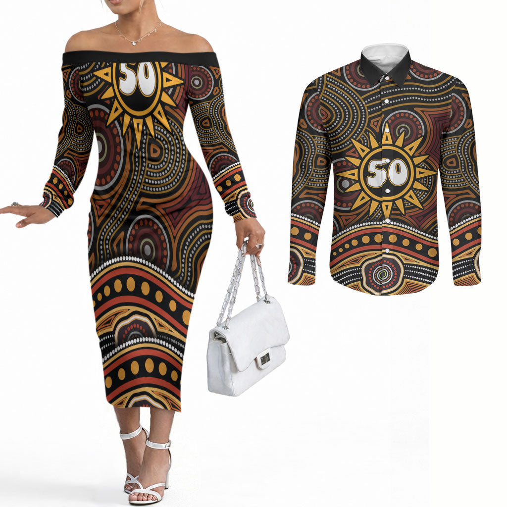 Personalised Aboriginal 50th Birthday Couples Matching Off The Shoulder Long Sleeve Dress and Long Sleeve Button Shirt Indigenous Dot Painting Native Australian Celebration