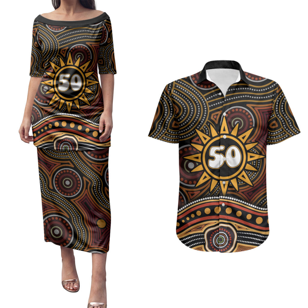 Personalised Aboriginal 50th Birthday Couples Matching Puletasi and Hawaiian Shirt Indigenous Dot Painting Native Australian Celebration