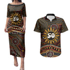 Personalised Aboriginal 50th Birthday Couples Matching Puletasi and Hawaiian Shirt Indigenous Dot Painting Native Australian Celebration