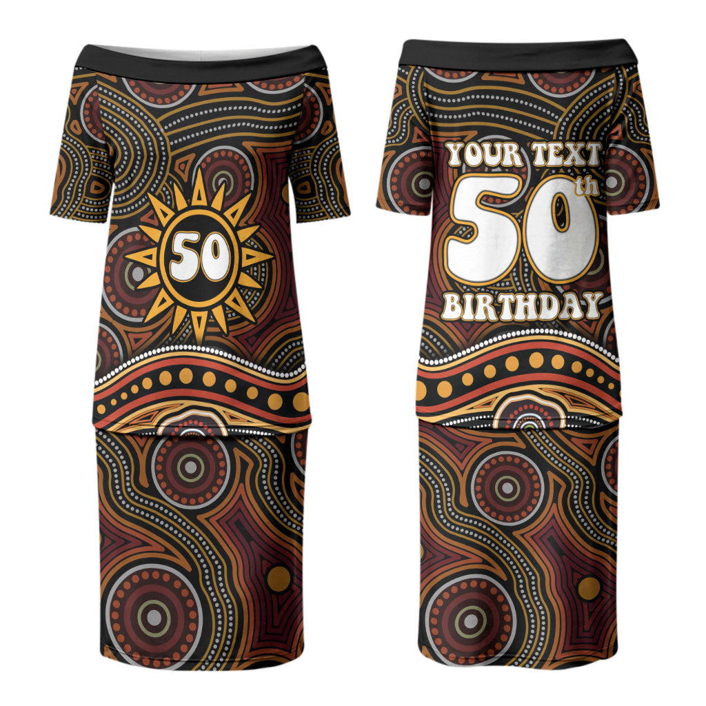 Personalised Aboriginal 50th Birthday Couples Matching Puletasi and Hawaiian Shirt Indigenous Dot Painting Native Australian Celebration