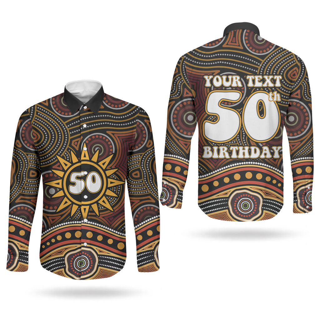 Personalised Aboriginal 50th Birthday Couples Matching Puletasi and Long Sleeve Button Shirt Indigenous Dot Painting Native Australian Celebration