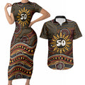 Personalised Aboriginal 50th Birthday Couples Matching Short Sleeve Bodycon Dress and Hawaiian Shirt Indigenous Dot Painting Native Australian Celebration