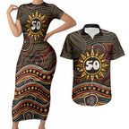 Personalised Aboriginal 50th Birthday Couples Matching Short Sleeve Bodycon Dress and Hawaiian Shirt Indigenous Dot Painting Native Australian Celebration