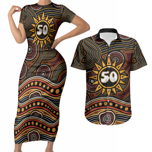 Personalised Aboriginal 50th Birthday Couples Matching Short Sleeve Bodycon Dress and Hawaiian Shirt Indigenous Dot Painting Native Australian Celebration